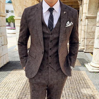 Men's Suit 3 Piece, Business Casual Jacket Vest with Trousers, Gray Dark Brown Slim Fit Suit, Asian Size M-5XL