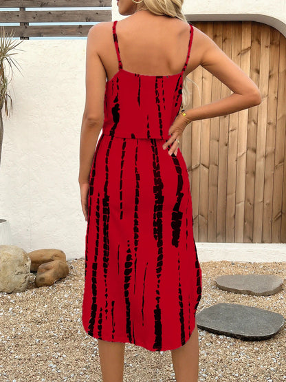 Women's Summer Spaghetti Strap Dress with Belt & Side Slit - Casual Sleeveless Flowy Dress