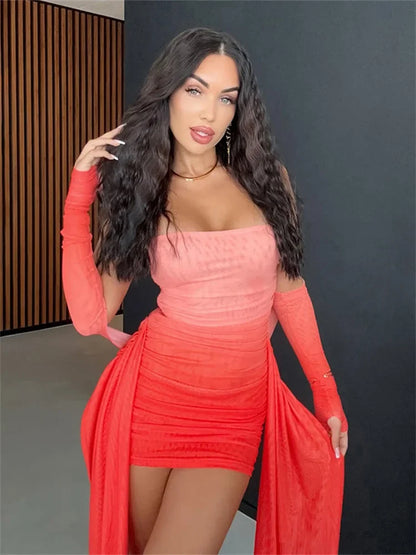 Summer Vacation Sexy See Through Dress+Shawl Women Ruched Side Ribbon Coquette Skinny Midnight Clubwear Party Bodycon