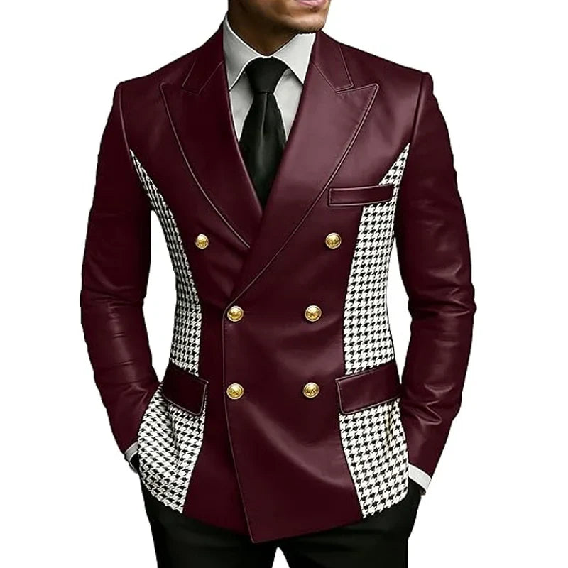 Men’s Brown Leather Blazer With Houndstooth Sides Vintage Two-Tone Double Breasted Slim Fit Gold Buttons Leather Tuxedo Jacket