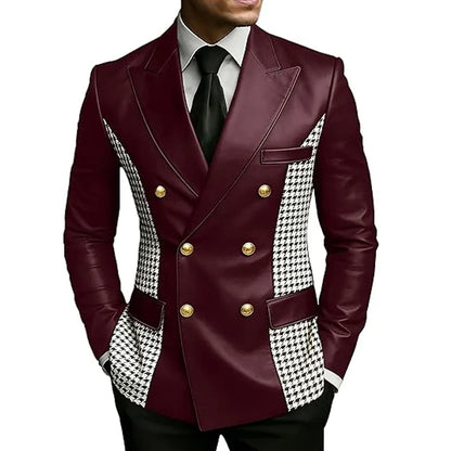 Men’s Brown Leather Blazer With Houndstooth Sides Vintage Two-Tone Double Breasted Slim Fit Gold Buttons Leather Tuxedo Jacket