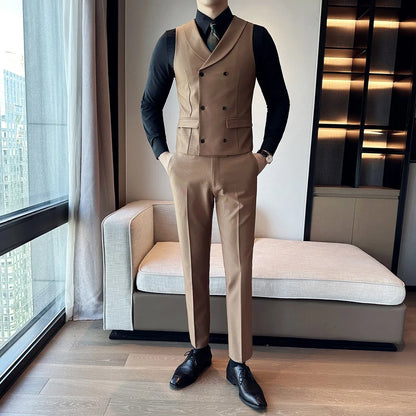 ( Vest + Pants) Men's Double-breasted Suit Vest 2 Pieces Set High Quality Business Casual Fashion Groom Wedding Dress Vest Sets