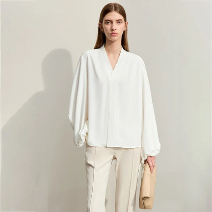 Chiffon Women's Blouse 2025 Autumn New V-neck Letter Embroidered Top Elegant Lantern Sleeve Loose Women's Shirt 12421028