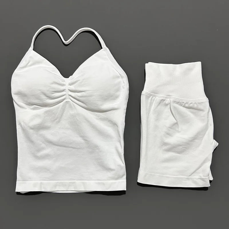 2 Piece Sports Set Women Seamless Yoga Tank With Removable Pads Top Scrunch Butt Workout Leggings Suit Gym Sports Sets
