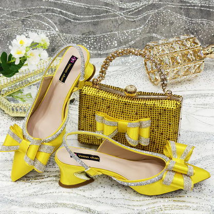 Italy Design 2025 New INS Shoes and Bag to Match Wine Colour Pointed-Toe Rhinestone Bow Party Women's High Heels