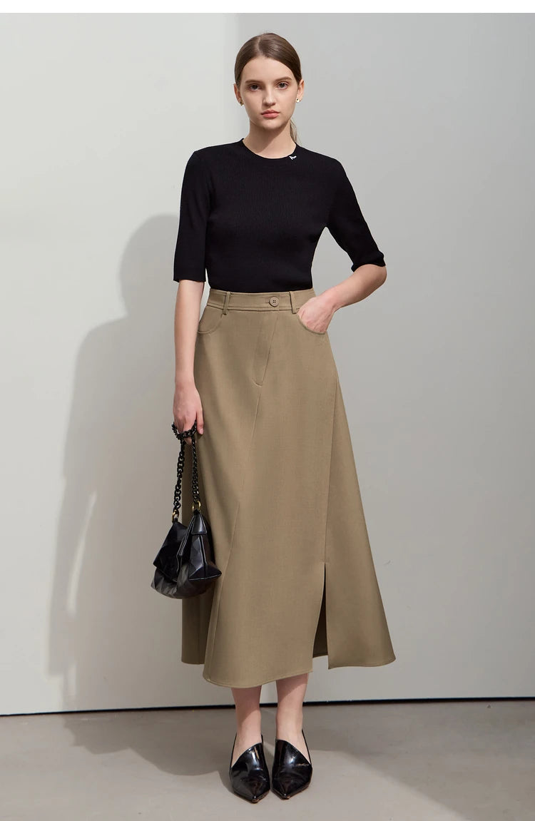 Minimalist Autumn New Commuter Asymmetrical Oblique Placket Split Skirt Non Ironing Anti Wrinkle A Shape Skirt 12551003