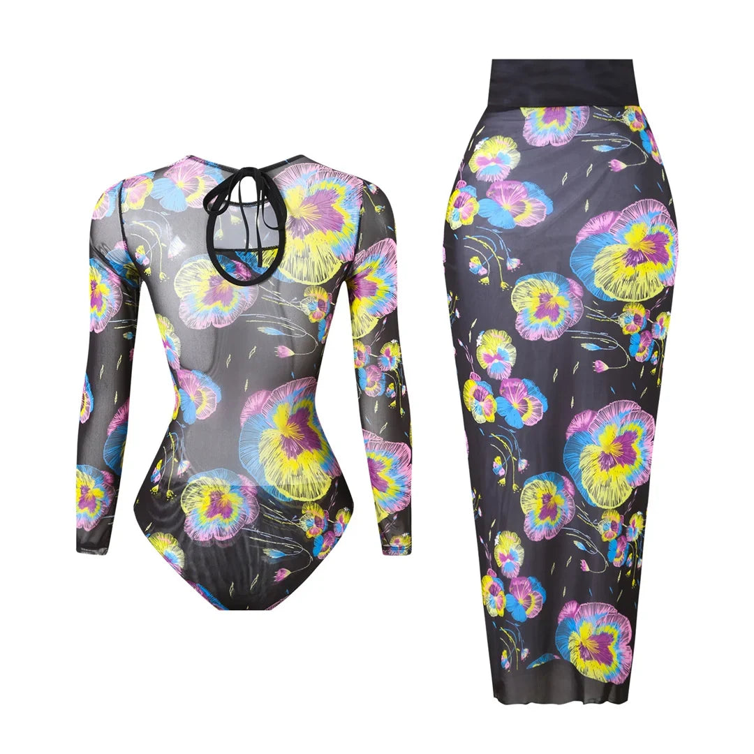 S - XXL Printed Long Sleeve With Sarong One Piece Swimsuit Women Swimwear Female Flowers Padded Bather Bathing Suit Swim V7181