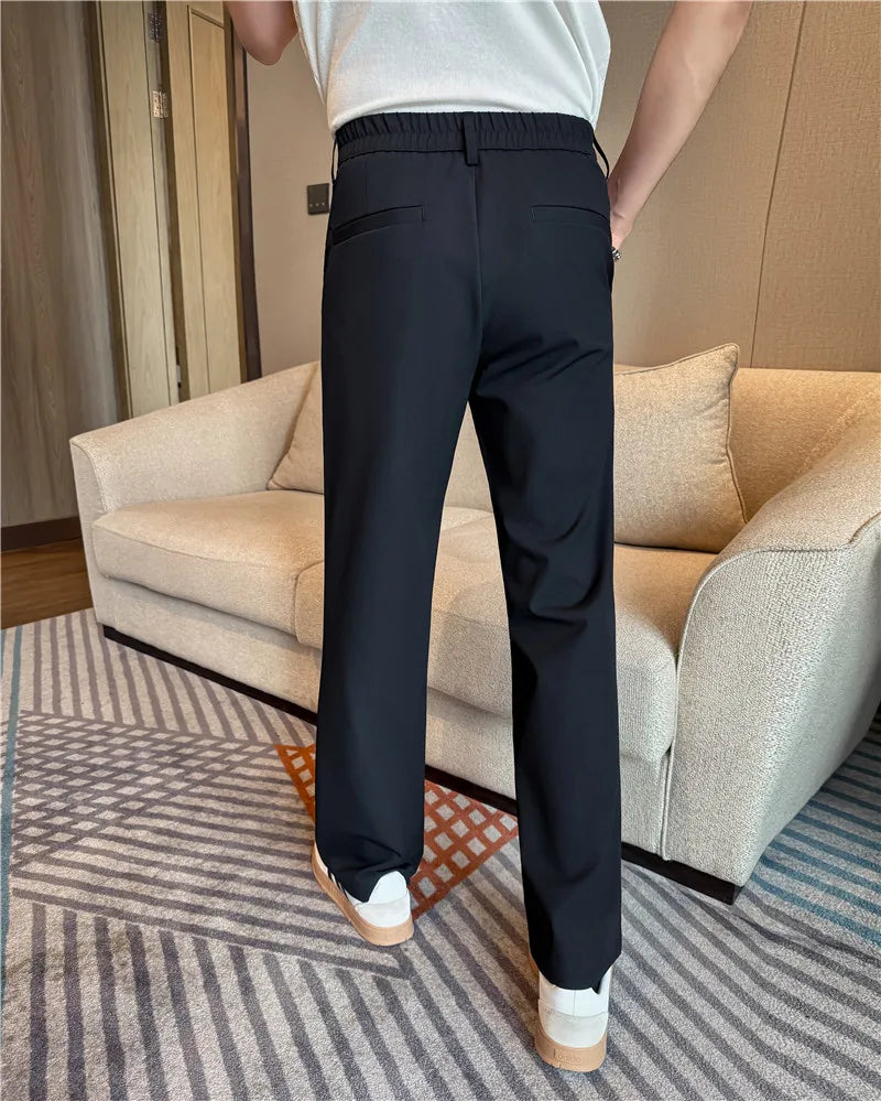 Men's Pleated Trousers, Elastic Waist, Wide-Leg, Casual Suit Pants, 2026 Spring, White/Black, S-4XL