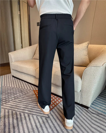 Men's Pleated Trousers, Elastic Waist, Wide-Leg, Casual Suit Pants, 2026 Spring, White/Black, S-4XL