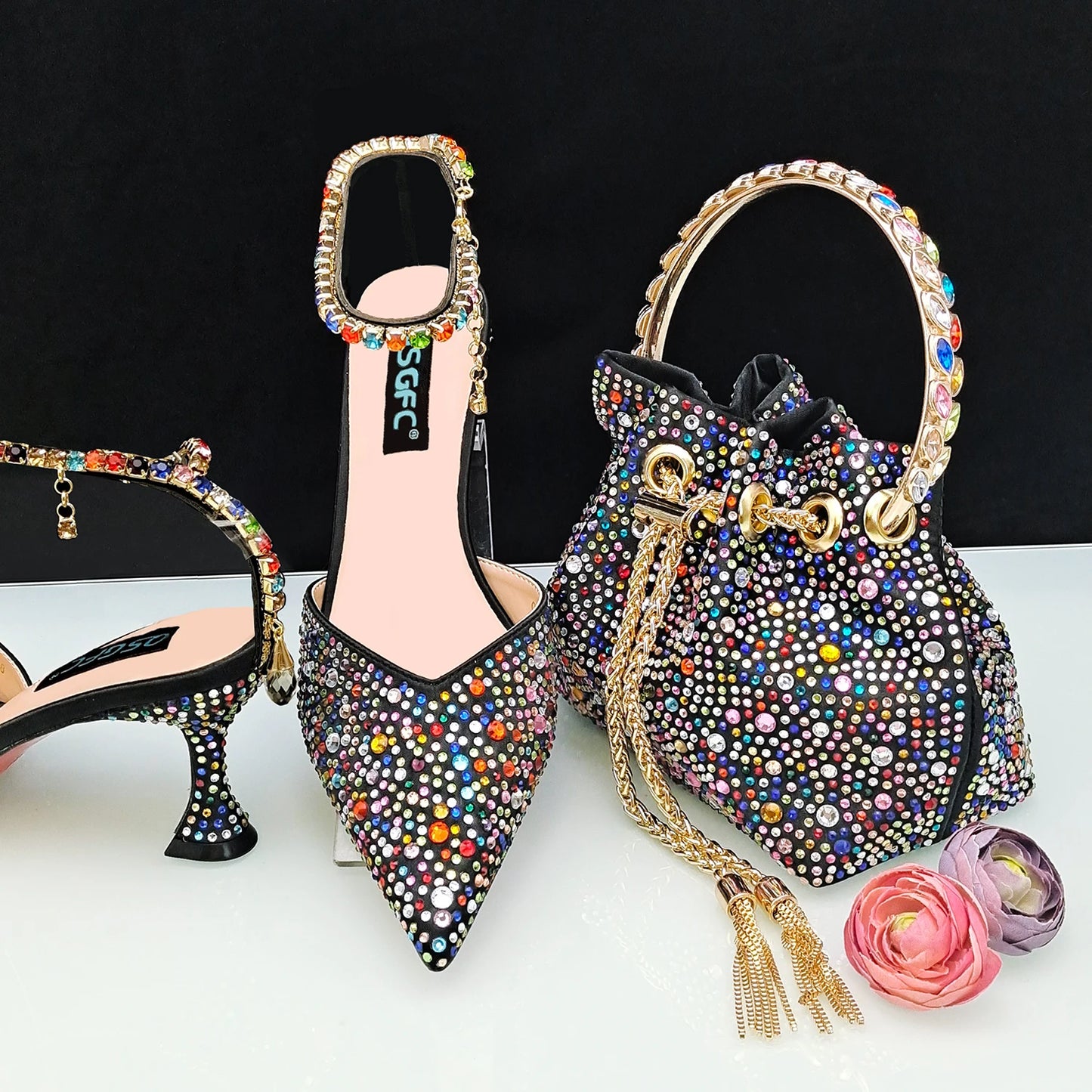 New Gold Glitter Fabric Pointed Toe High Heels With A Variety Of Shapes Of Rhinestones Fashion Party Ladies Shoes And Bag