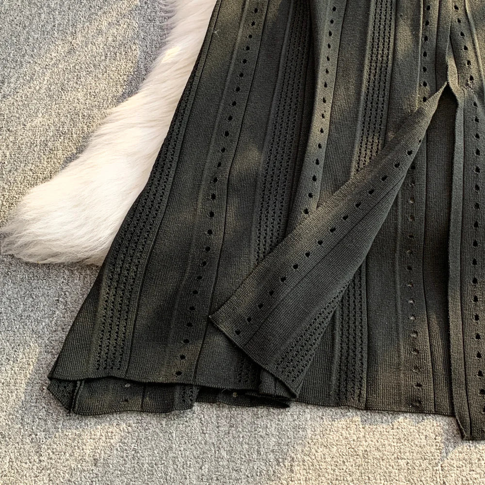 Women Dress 2026 Spring and Summer Elegant Patchwork One-Piece Knitted Maxi Dress Office Lady Slim Waist Sweater Dress