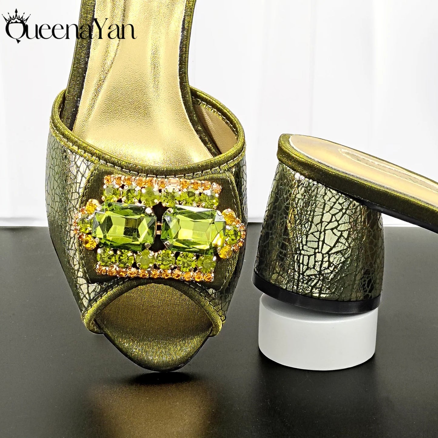 Newest Italian Design Fashion Comfortable Olive Color Peep Toe Party Wedding or Work Women's High Heels with Diamond Oval Bag