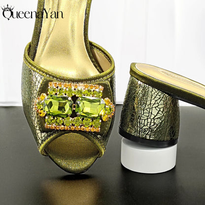 Newest Italian Design Fashion Comfortable Olive Color Peep Toe Party Wedding or Work Women's High Heels with Diamond Oval Bag