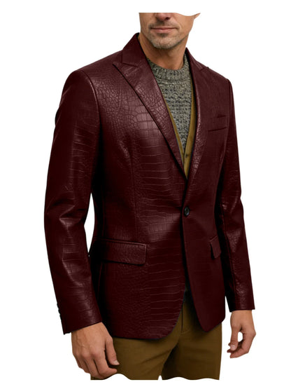 Vintage Men's Crocodile Embossed Leather Blazer Notch Lapel 1 Button Jacket Business Casual Formal Luxury Coat With Flap Pockets