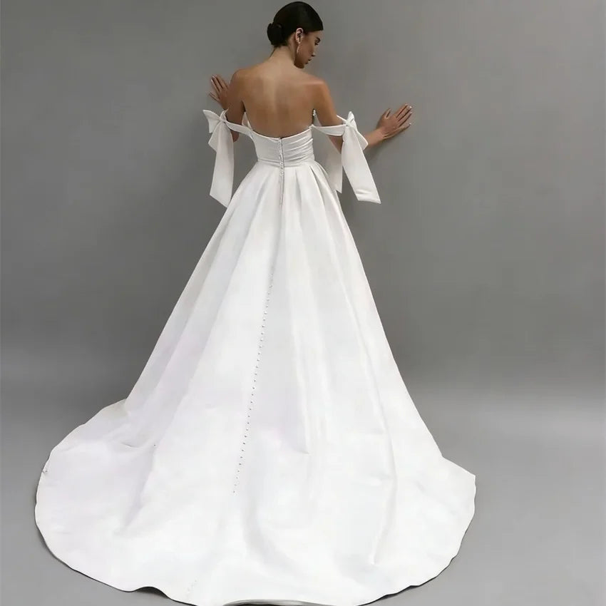 Customized Elegant Simple Satin Sweetheart Wedding Dresses Women Bow Pleated High Slit Bridal Gowns Button A-line Bride Dress