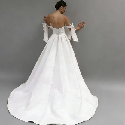 Customized Elegant Simple Satin Sweetheart Wedding Dresses Women Bow Pleated High Slit Bridal Gowns Button A-line Bride Dress