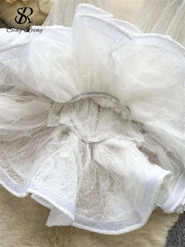 Autumn Streetwear Tops Suits Women O Neck Full Sleeves Thin Sheer Lace Shirts+Sleeveless Outerwear Ruffles Tank Top