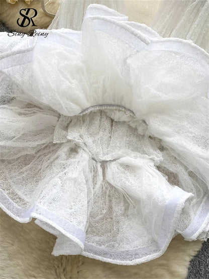 Autumn Streetwear Tops Suits Women O Neck Full Sleeves Thin Sheer Lace Shirts+Sleeveless Outerwear Ruffles Tank Top