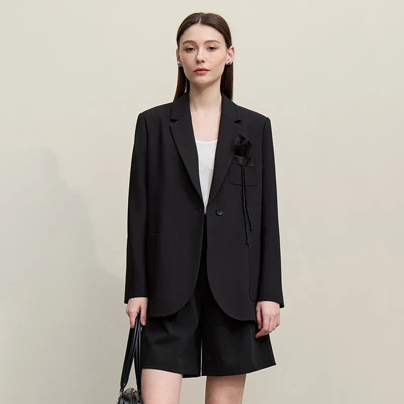 Women's Blazer 2026 Autumn New Casual Notched Lapel Shoulder Pad Coat 3D Floral Detail Women's Versatile Loose Top 12651016