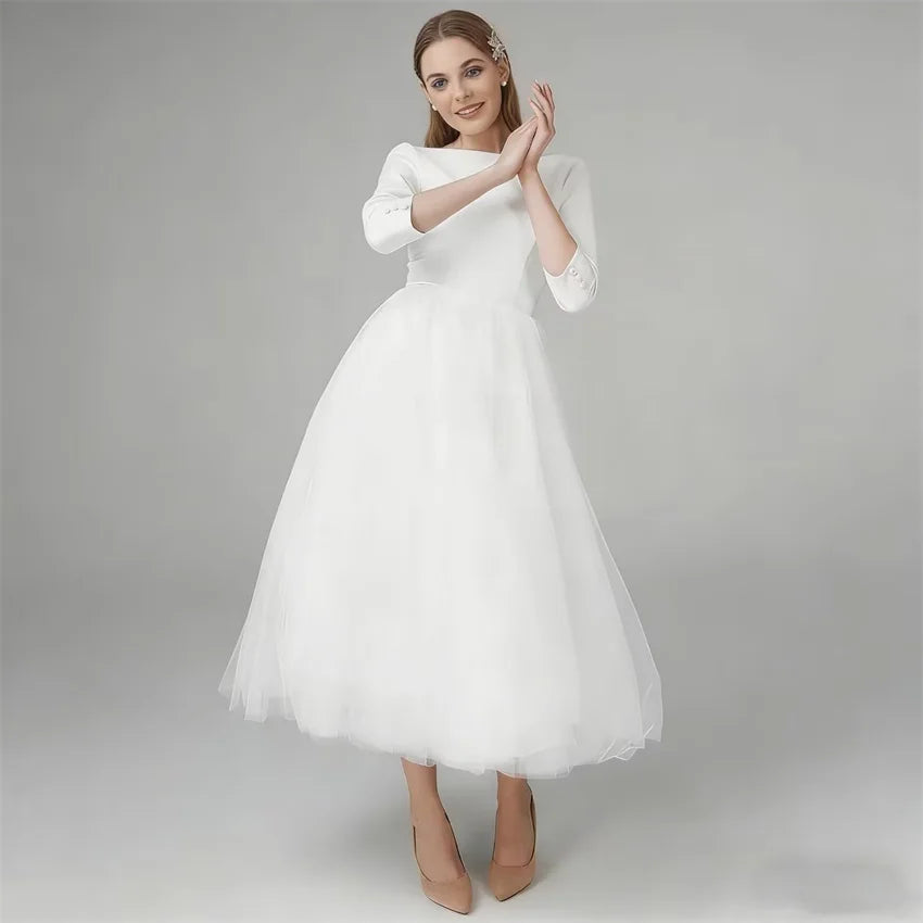 Customized Boho Simple Satin Midi Wedding Dresses for Bride Tea Length 3/4 Sleeves Short Bridal Gowns A Line Vestido De Noiva