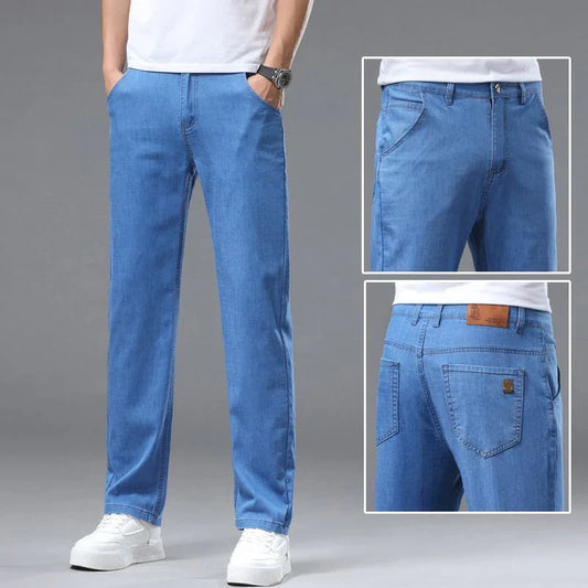 Light blue classic business jeans, fashionable breathable denim elastic pants, black blue men's straight leg jeans, sizes 28-40