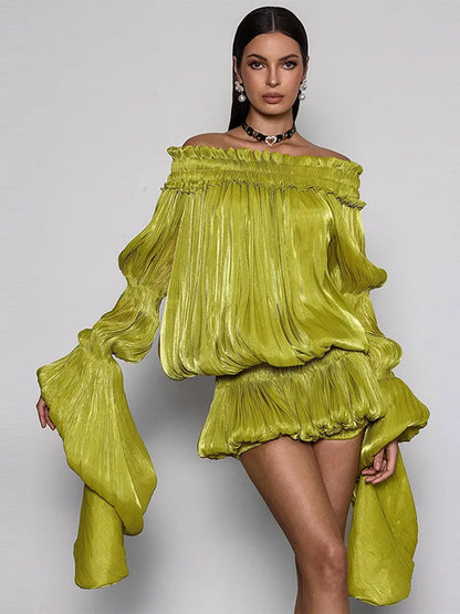 Lime Green Off-shoulder Pleated Short Dress Chic Smocked Waist Bubble Vistidos Women's Tiered Full Sleeve Beach Club Party Gown