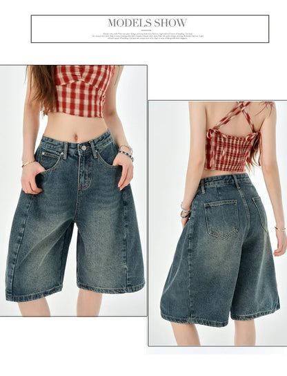Loose Wide Leg Denim Knee Length Pants Women American Vintage Slimming Shorts