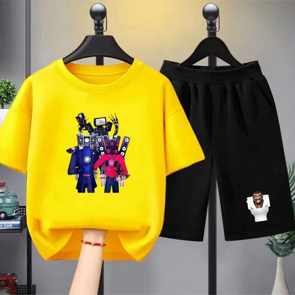 Skibidi Toilet Children T-shirt+bottom wear Age 3-12 Girls boy Set black 2pcs Kids Set Print Summer Anime Toilet Monitor Tshirt