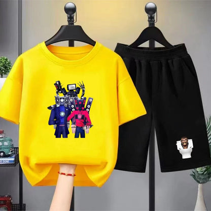 Skibidi Toilet Children T-shirt+bottom wear Age 3-12 Girls boy Set black 2pcs Kids Set Print Summer Anime Toilet Monitor Tshirt