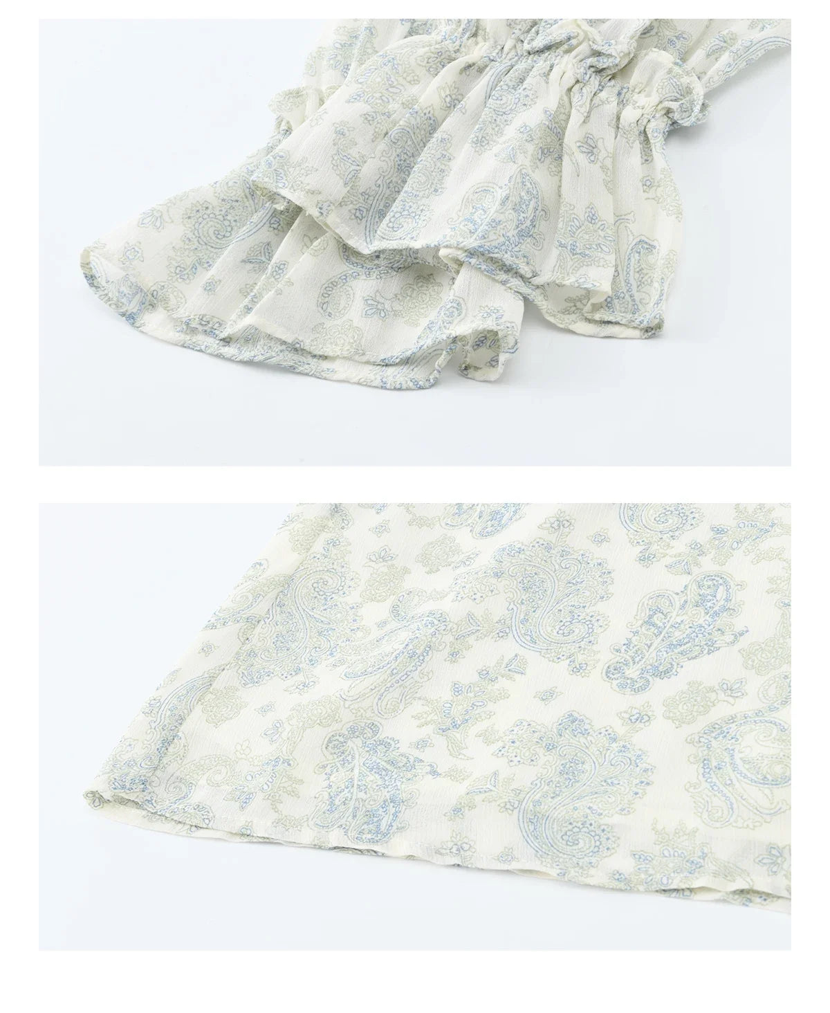 Women's Light Blue Paisley Print Ruffle Blouse V-neck Sheer Long Sleeve Chiffon Shirt Casual Summer Wear MXF13X2549