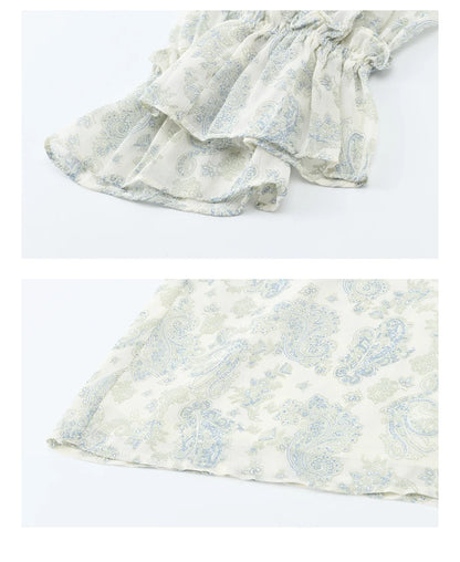 Women's Light Blue Paisley Print Ruffle Blouse V-neck Sheer Long Sleeve Chiffon Shirt Casual Summer Wear MXF13X2549
