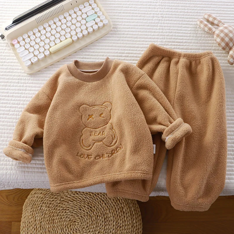 Winter Warm Kids Loungewear Suit Baby and Girls Boys Loose Embroidery Full Fleece Coat Tops+Pant Set Child 2PCS Homewear 1-8 Yrs