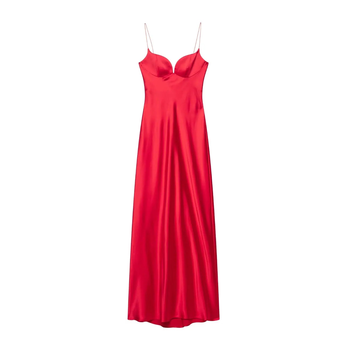 2025 Women Red V-Neck Holiday Style Satin Texture Long Dress Sleeveless Summer Women's Back Zipper Fashion Sling Dresses