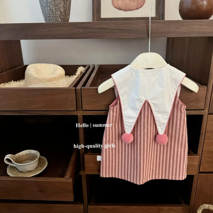Summer Girls Casual Dresses with Hat Children's Clothing 2025 New Girls' Hollow Out Sleeveless Skirt Children's Lace Dress