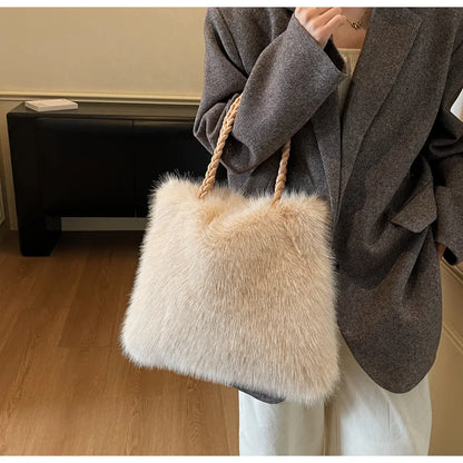 Fashion Women Furry Shoulder Bag Large Capacity Tote Handle Bag for Autumn Winter Outing Commuter Texture Versatile Storage Bags