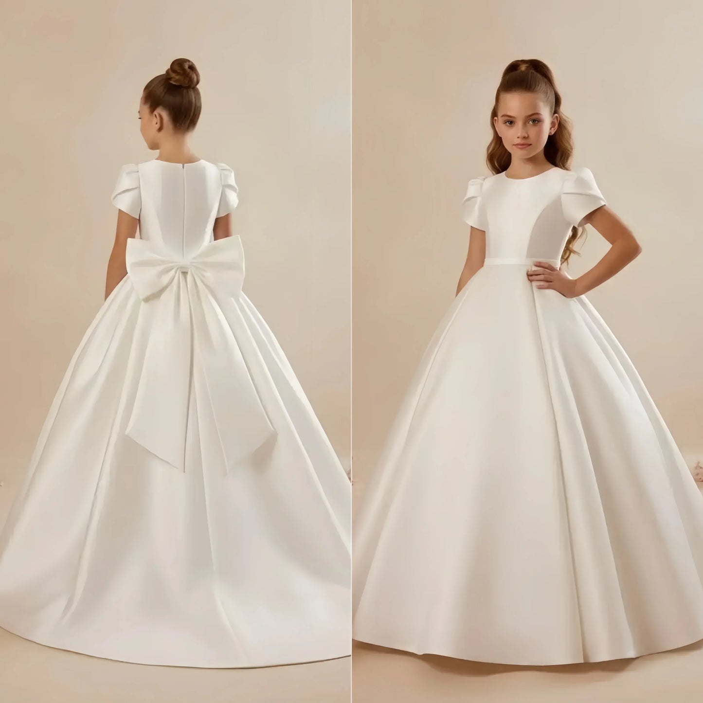White Flower Girl Dress for Wedding With Bow Satin Floor Length Elegant First Communion Ball Birthday Party Gowns