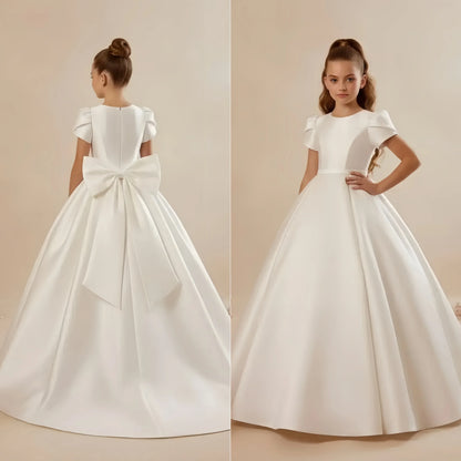 White Flower Girl Dress for Wedding With Bow Satin Floor Length Elegant First Communion Ball Birthday Party Gowns