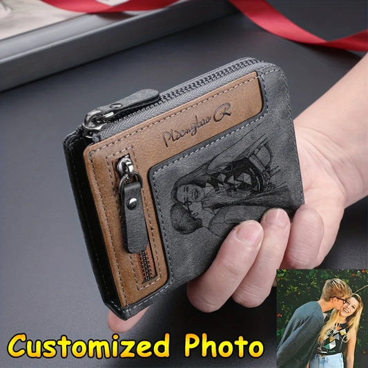 Portefeuille court rétro pour homme, personnalisé avec photo, fermeture éclair, en cuir PU, porte-monnaie, porte-cartes de crédit de haute qualité, cadeau idéal