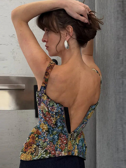 Sexy Print Sling Fishbone Corsets Women Backless Zipper Sleeveless Slim Tops Female 2026 Summer New Chic Evening Party Tanks