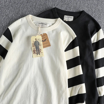 Autumn American Retro Long Sleeve Heavyweight Striped T-shirt Men's Fashion Pure Cotton Washed Prisoner Motorcycle Casual Tops