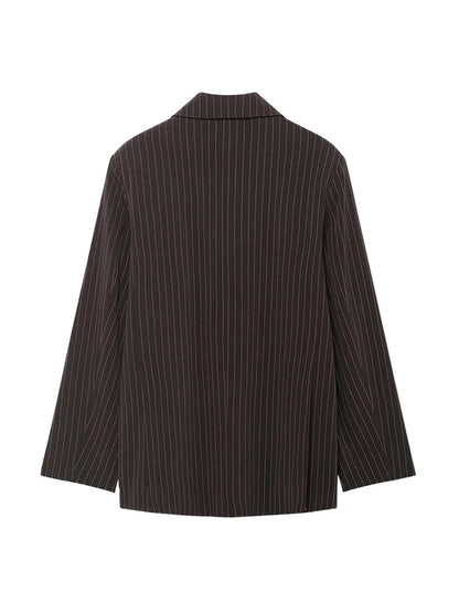 Women's Old Money Style Ovesized Striped Blazer Coat Long Sleeve Front Pockets Chic Oversize Top Female Outerwear