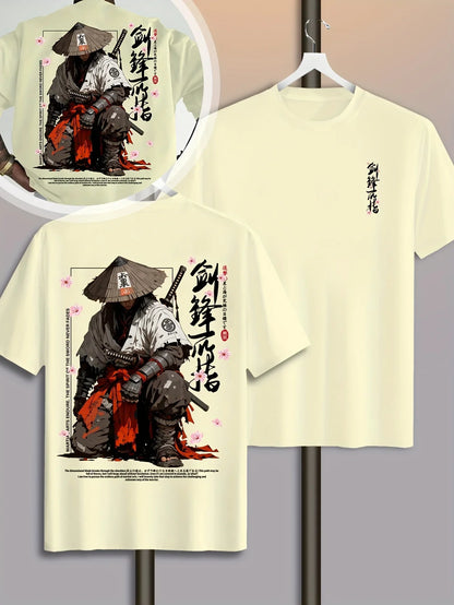 Summer Men's Japanese-style Ink-wash Samurai Pattern Casual Sports Street Style Trendy Short-sleeved T-shirt Soft Breathable