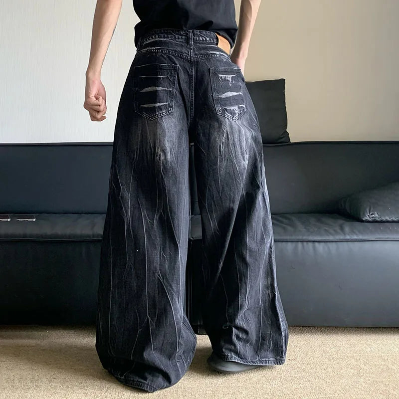 Autumn Winter Korean Vintage Jeans Lightning Pattern Design Men'S Loose Straight Leg Pants Casual Fashion Black Pants