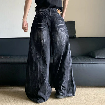 Autumn Winter Korean Vintage Jeans Lightning Pattern Design Men'S Loose Straight Leg Pants Casual Fashion Black Pants