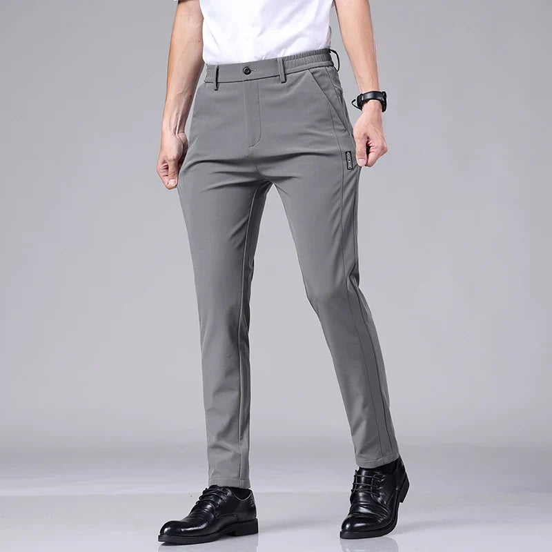 Ultra-thin Elastic Men's Casual Trousers Summer Quick-drying Ice Silk Slim Straight Business Solid Color Trousers Black Gray