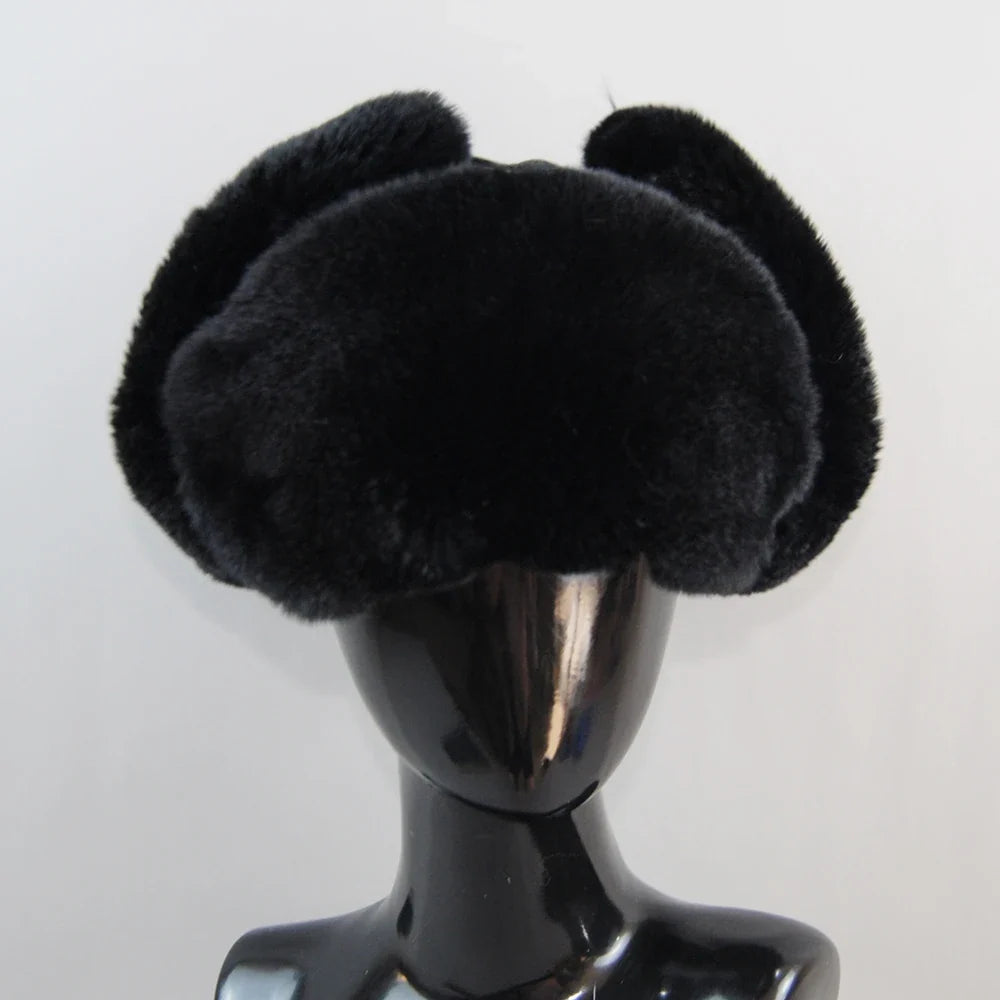 Winter Russian Man Woman White Skin Natural Rex Rabbit Fur Hats Luxury Real Sheepskin Leather Cap Unisex Real Fur Bomber Hat