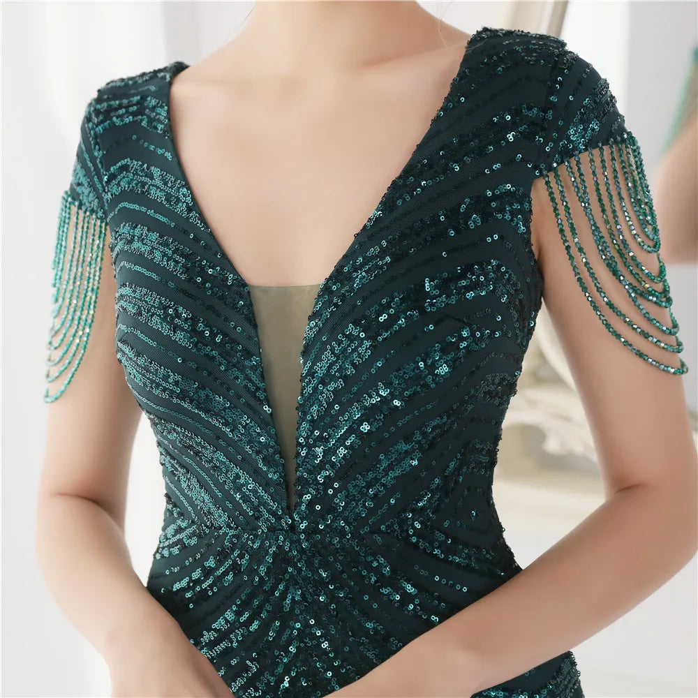 Elegant V Neck Mermaid Evening Dress Long Luxury Beads Women Evening Party Dresses 2025 New Formal Dress 19085