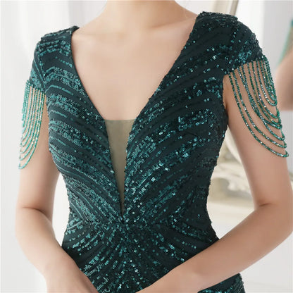 Elegant V Neck Mermaid Evening Dress Long Luxury Beads Women Evening Party Dresses 2025 New Formal Dress 19085