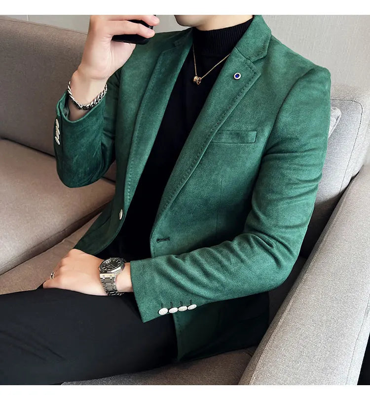 High-quality, fashionable men's stylish, versatile and trendy Korean-style slimming suede business casual suit
