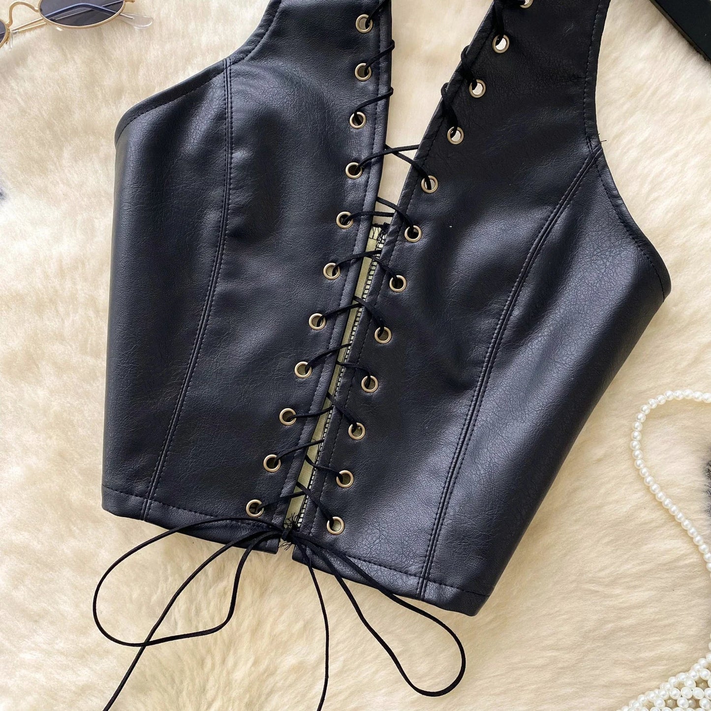 PU Leather Sexy Club Camisole Fashion Hollow Out Lace Up Slim Tank Top Sleeveless Backless Ins Spicy Girl Halter Top